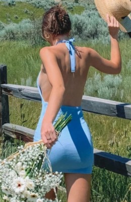 Summer Casual Knitting Blue Sexy Backless Halter Mini Dress