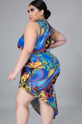 Summer Plus Size Print Retro Sleeveless Irrgular Party Dress