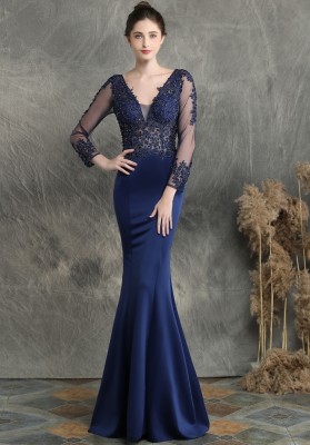 Summer Lace Upper Long Sleeve V-Neck Blue Mermaid Evening Dress