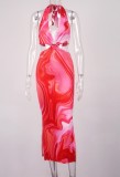Summer Formal Print Hollow Out O-Ring Halter Long Party Dress