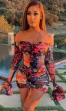 Summer Print Sexy Off Shoulder Ruched Strings Mini Dress with Bell Sleeve Cuffs