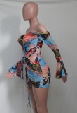 Summer Print Sexy Off Shoulder Ruched Strings Mini Dress with Bell Sleeve Cuffs