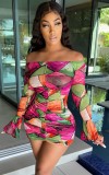 Summer Print Sexy Off Shoulder Ruched Strings Mini Dress with Bell Sleeve Cuffs