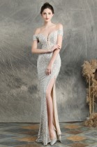 Summer Sequins Sweetheart Lace-Up Slit Evening Dress