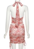 Summer Floral Wrap Halter Crop Top and Ruched Strings Mini Skirt Set