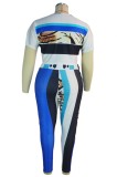Summer Plus Size Print Bodycon Crop Top and Pants Set