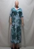 Summer Plus Size Print Green Long Blouse Dress with Full Sleeves