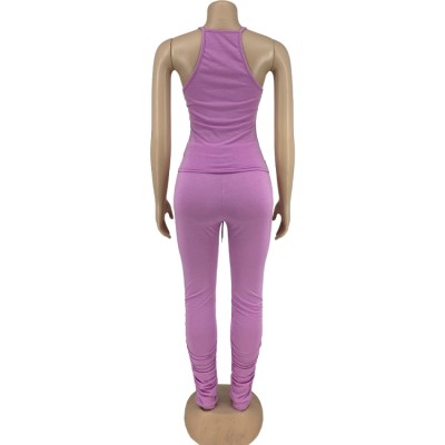 Summer Casual Purple Matching Vest and Stacked Pants Set