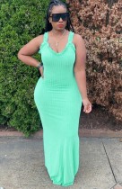 Summer Formal Green Ruffles Strap Ribbed Long Dress
