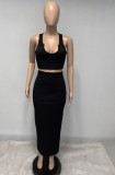 Summer Casual Black Knitting Vest Crop Top and Pencil Skirt Set