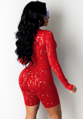 Summer Red Sexy Hollow Out Long Sleeve Zipped Bodycon Rompers