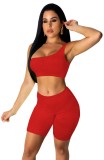 Summer Red Waffle Sexy One Shoulder Crop Top and Shorts Set