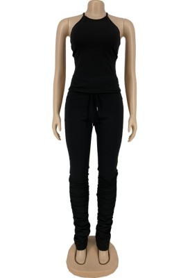 Summer Casual Black Matching Vest and Stacked Pants Set