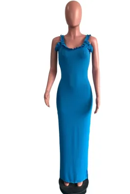Summer Formal Blue Ruffles Strap Ribbed Long Dress