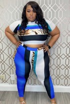 Summer Plus Size Print Bodycon Crop Top and Pants Set