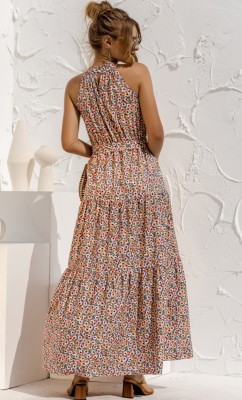Summer Casual Print Floral Scoop Long Maxi Dress with Belt