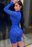 Summer Blue Sexy Hollow Out Long Sleeve Zipped Bodycon Rompers