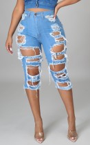 Summer Knee Length Dark Blue High Waist Ripped Denim Shorts