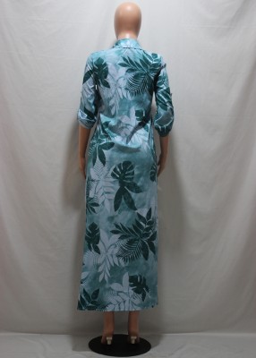 Summer Plus Size Print Green Long Blouse Dress with Full Sleeves