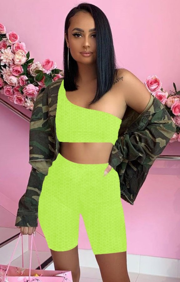 Summer Green Waffle Sexy One Shoulder Crop Top and Shorts Set