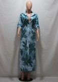 Summer Plus Size Print Green Long Blouse Dress with Full Sleeves