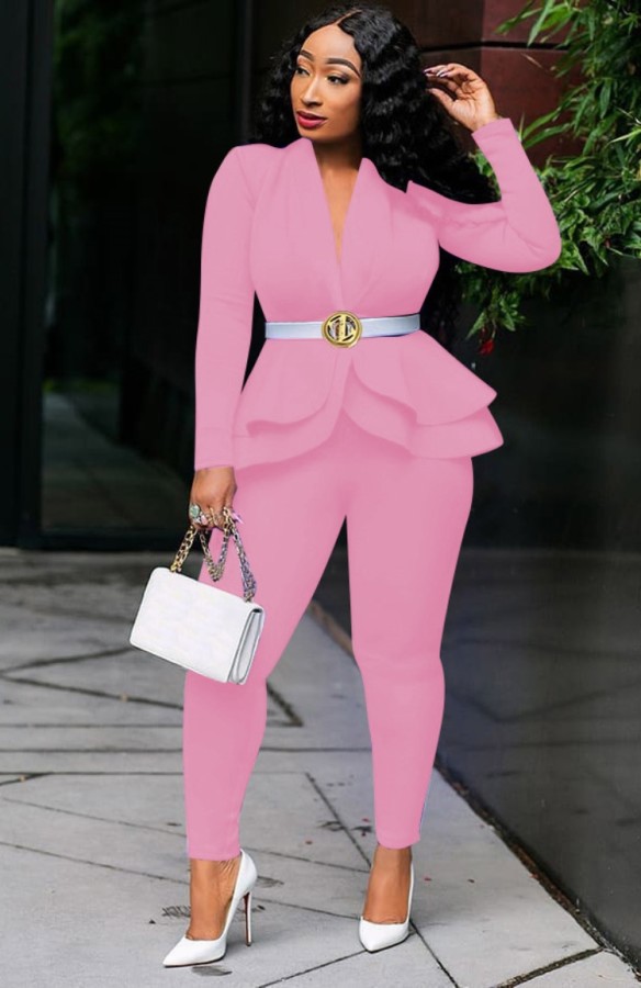 Spring Formal Pink Matching Long Sleeve Peplum Top and Pants Suit