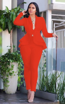 Spring Formal Orange Matching Long Sleeve Peplum Top and Pants Suit