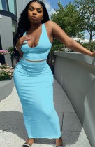 Summer Casual Blue Knitting Vest Crop Top and Pencil Skirt Set
