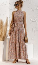 Summer Casual Print Floral Scoop Long Maxi Dress with Belt