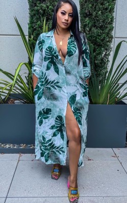 Summer Plus Size Print Green Long Blouse Dress with Full Sleeves