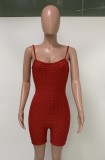 Summer Red Waffle Sexy Strap Bodycon Rompers