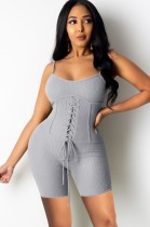 Summer Grey Lace-Up Sexy Bodycon Ribbed Strap Rompers