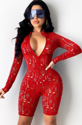 Summer Red Sexy Hollow Out Long Sleeve Zipped Bodycon Rompers