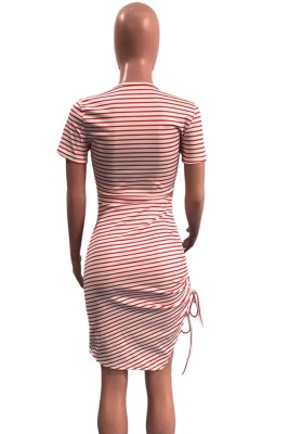 Summer Casual Pink Stripes Ruched Strings Shirt Dress