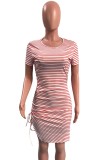 Summer Casual Pink Stripes Ruched Strings Shirt Dress