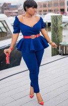 Summer Formal Blue Strapless Peplum Top and Pants Suit
