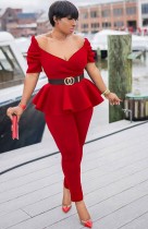 Summer Formal Red Strapless Peplum Top and Pants Suit
