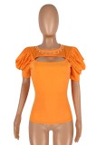Summer Puff Sleeve Cut Out Orange Fitted Shirt