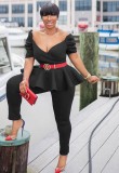 Summer Formal Black Strapless Peplum Top and Pants Suit