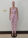 Summer Sexy Cut Out Plaid Print Halter Bodycon Jumpsuit