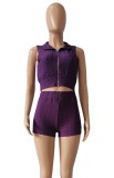Summer Purple Waffle Sleeveless Top and Shorts Sweatsuit
