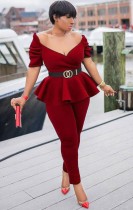 Summer Formal Burgunry Strapless Peplum Top and Pants Suit