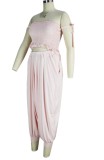 Summer Pink Strapless Ruched Crop Top and Boho Pants 2pc Set