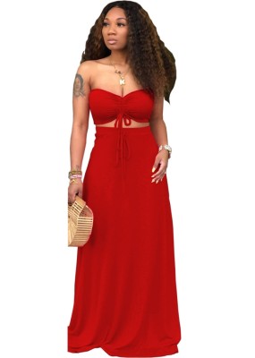 Summer Two Piece Matching Red Bandeau Top and Long Skirt Set