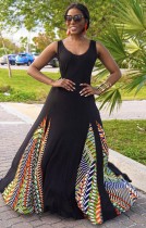 Summer Black Sleeveless O-Neck Patch African Long Dress
