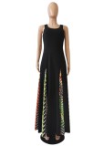 Summer Black Sleeveless O-Neck Patch African Long Dress