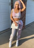 Summer Print Pink Matching Sports Bra and Sweatpants Set