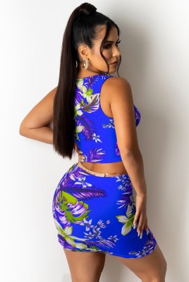 Summer Two Piece Matching Floral Blue Sexy Lace-Up Crop Top and Skirt Set
