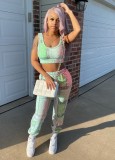 Summer Print Green Matching Sports Bra and Sweatpants Set