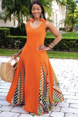 Summer Orange Sleeveless O-Neck Patch African Long Dress
